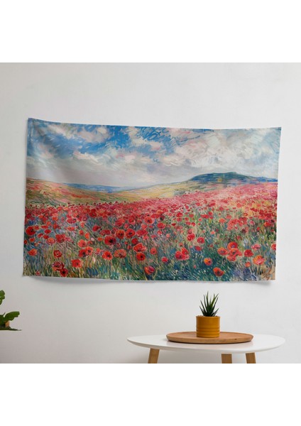 Haşhaş Tarlası Claude Monet Duvar Örtüsü - Pamuk Sırt, Polyester Ön - Canlı Renkler,
