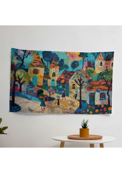 Büyüleyici Köy Post-Empresyonizm Duvar Örtüsü - Pamuk Arka, Polyester Ön - Canlı Renkler,