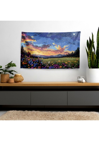 Yıldızlı Gece Tarlası Manzarası Noktacılık Duvar Örtüsü - Yatak Odası, Oturma Odası, Yurt modelleri