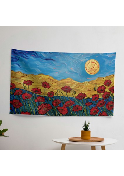 Modern Gelincik Tarlası Duvar Örtüsü - Pamuk Arka, Polyester Ön - Canlı Süblimasyon Baskı