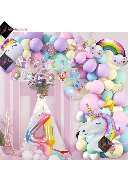 4 Yaş Karakterli Unicorn Temalı Iyi Ki Doğdun Makaron Balon Doğum Günü Parti Kutlama Seti BMCNM344