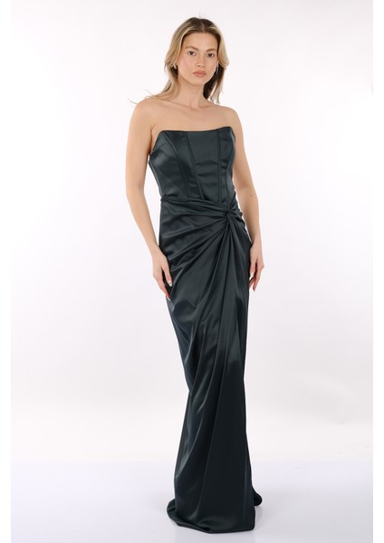 Dori Straplez Önden Yırtmaçlı Korsajlı Saten Abiye Elbise 00BB5062 modelleri