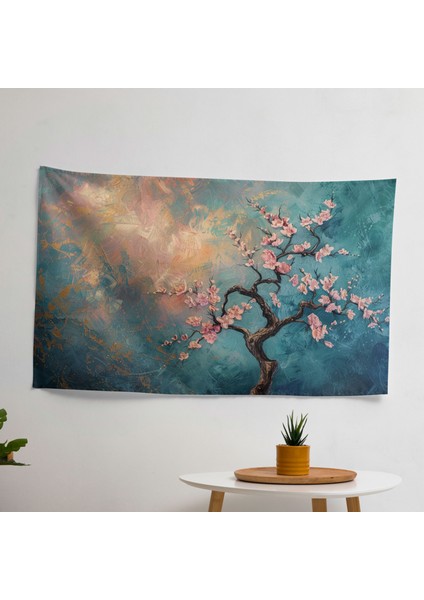 Çiçek Açan Badem Ağacı Duvar Örtüsü - Pamuk Sırt, Polyester Ön - Modern Ev Dekorasyonu,