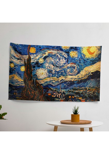 Vincent Van Gogh Yıldızlı Gece Duvar Örtüsü - Pamuk Sırt, Polyester Ön - Yatak Odası,