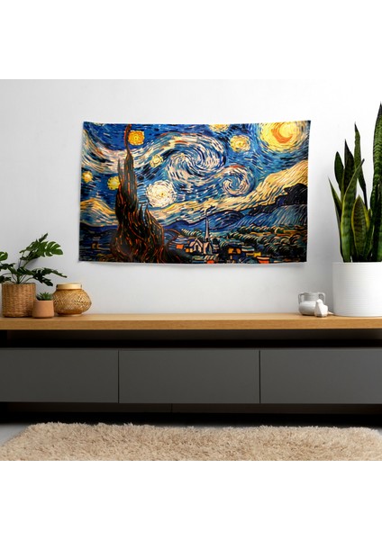 Vincent Van Gogh Yıldızlı Gece Duvar Örtüsü - Pamuk Sırt, Polyester Ön - Yatak Odası,