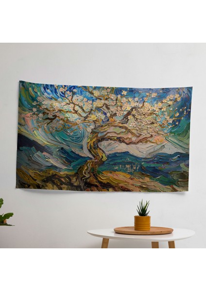 Vincent Van Gogh Çiçek Açan Badem Ağacı Duvar Örtüsü - Pamuk Sırt, Polyester Ön - Canlı