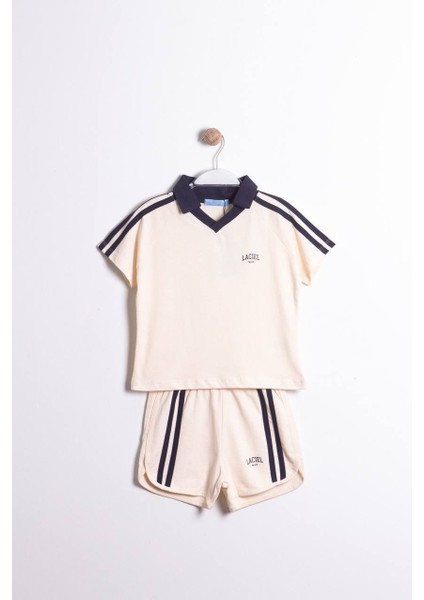 Erkek Çocuk Polo Yaka 2’li Spor Takım – Krem & Lacivert Çizgili Şortlu Set (2/3 - 6/7 Yaş)