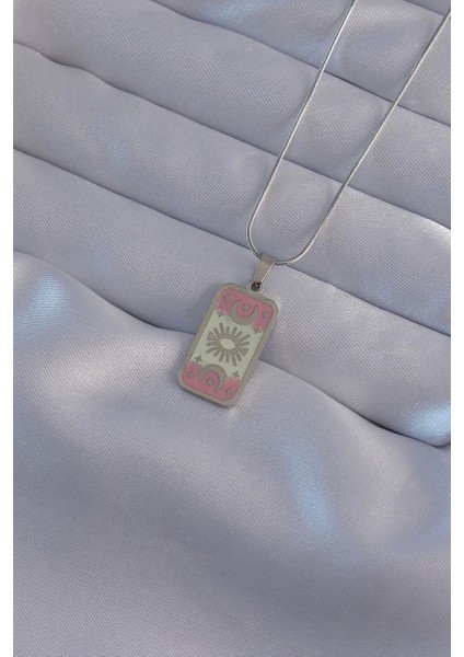 316L Çelik Gümüş Renk Pembe Mineli Ay Figür Tarot Kolye - TJ-BKO9045