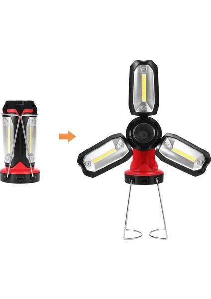 Şarjlı Katlanabilir 3 Xcob LED + 3W LED Çok Fonksiyonlu Kamp Feneri P-8801