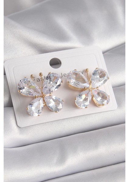 Pirinç Gold Renk Zirkon Taşlı Kelebek Model Kadın Küpe - TJ-BKP9614