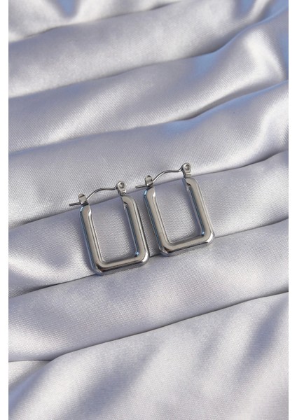 316L Çelik Gümüş Renk Dikdörtgen Model Küpe - TJ-BKP9038