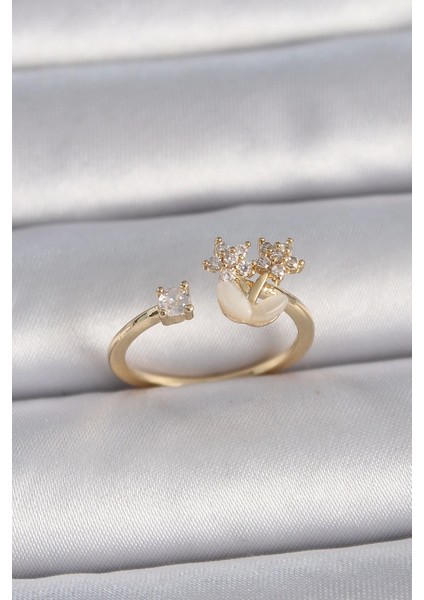 Pirinç Gold Renk Ayarlanabilir Zirkon Taşlı Yıldız Model Kadın Yüzük - TJ-BYK3396