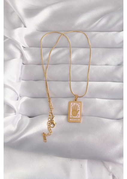 316L Çelik Gold Renk Pembe Mineli El Figür Tarot Kolye - TJ-BKO9031