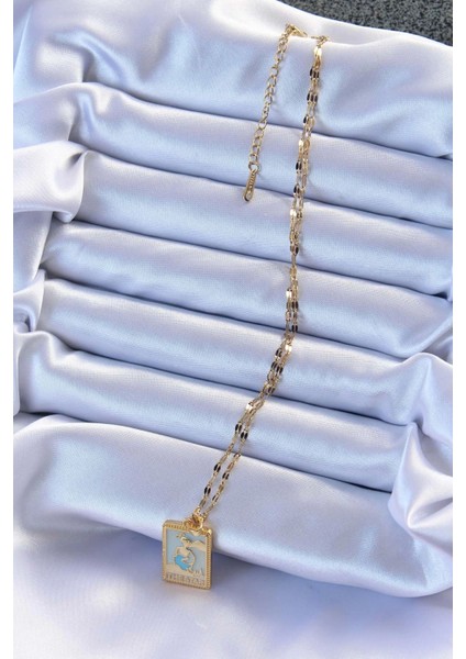 316L Çelik Zincir Altın Renk Mavi Mineli Tarot Kolye - TJ-BKO9211
