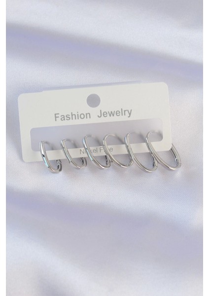 Pirinç Gümüş Renk Ince Oval Küpe Seti - TJ-BKP8989