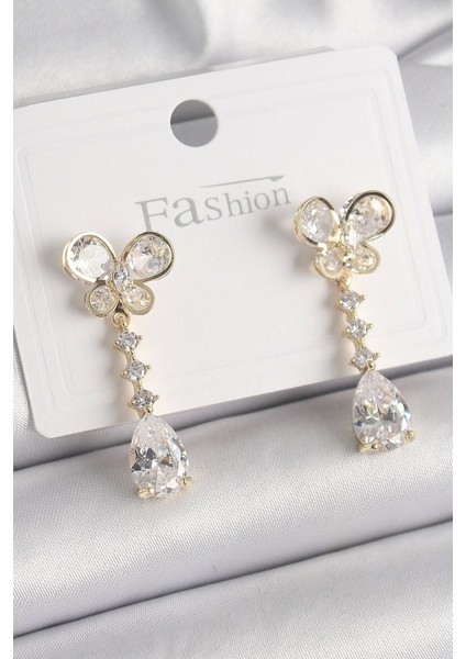 Pirinç Gold Renk Zirkon Taşlı Kelebek Model Sallantı Damla Zirkon Taş Kadın Küpe - TJ-BKP9860