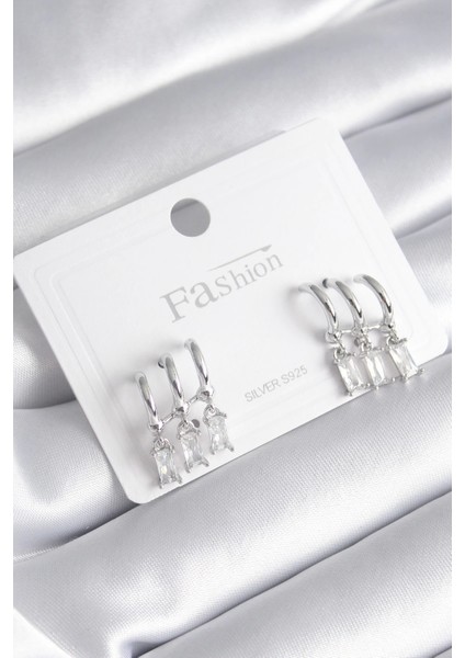 Pirinç Gümüş Renk 3'lü Sallantı Zirkon Taşlı Küpe - TJ-BKP8421