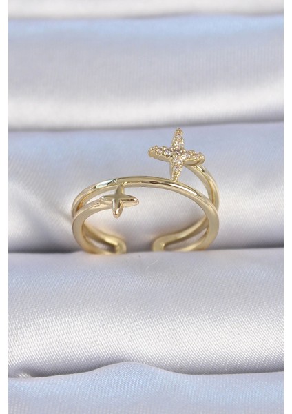 Pirinç Gold Renk Zirkon Taşlı Yıldız Model Kadın Yüzük - TJ-BYK3328