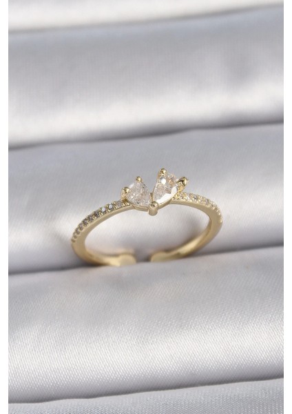 Pirinç Gold Renk Ayarlanabilir Zirkon Taşlı Kalp Model Kadın Yüzük - TJ-BYK3406