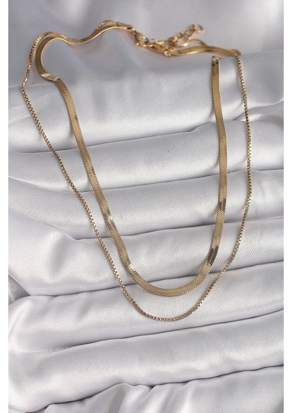 316L Çelik Gold Renk 2'li Italyan Zincir Model Kadın Kolye - TJ-BKO9734