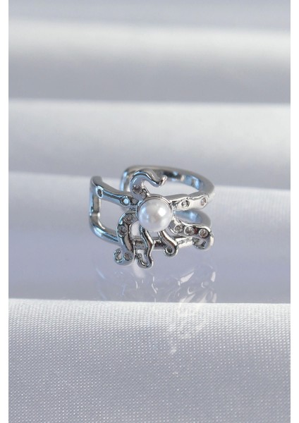 Pirinç Gümüş Renk Incili Ahtapot Earcuff Küpe - TJ-BKP9332