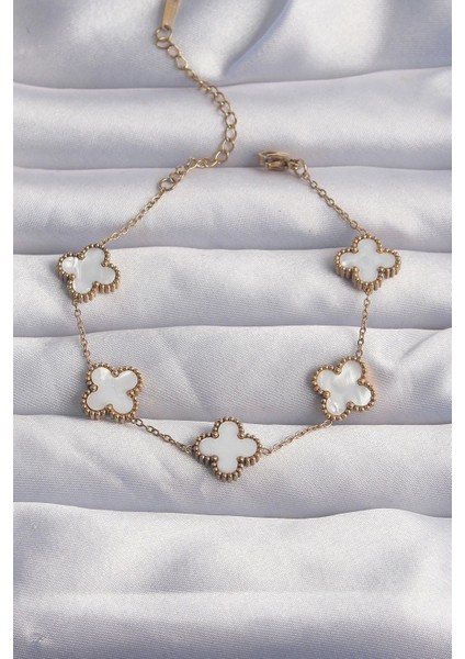316L Çelik Gold Renk Beyaz Sedefli Yonca Bileklik - TJ-BB6262