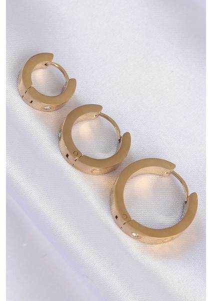 316L Çelik Gold Renk Zirkon Taşlı Model 3lü Halka Küpe - TJ-BKP9009