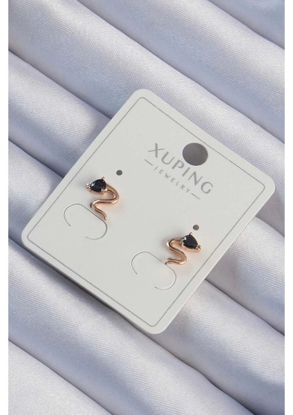 Xuping Rose Renk Siyah Zirkon Taşlı Kıvrımlı Küpe - TJ-BKP9443