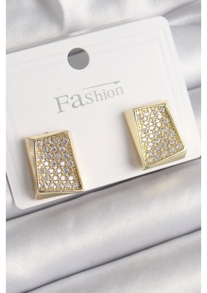 Pirinç Gold Renk Zirkon Taşlı Plaka Model Kadın Küpe - TJ-BKP9848
