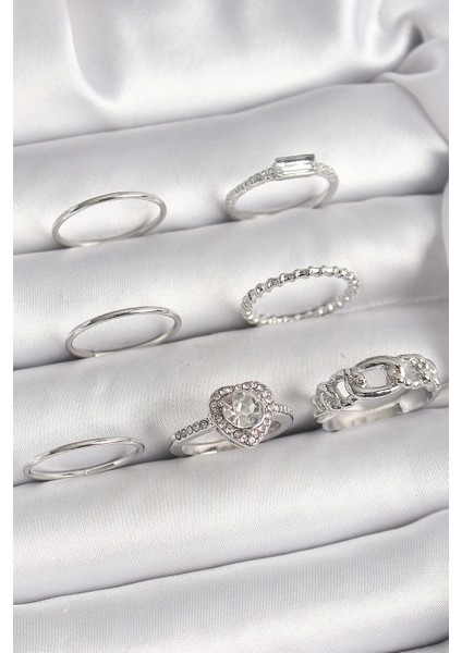 Pirinç Gümüş Renk Zirkon Taşlı Kalp Model Kadın Yüzük Kombini - TJ-BYK3661