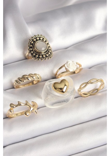Pirinç Gold Renk Beyaz Gül Figür Kalp Işlemeli Sarmal Detay 6'lı Kadın Yüzük Seti - TJ-BYK3639