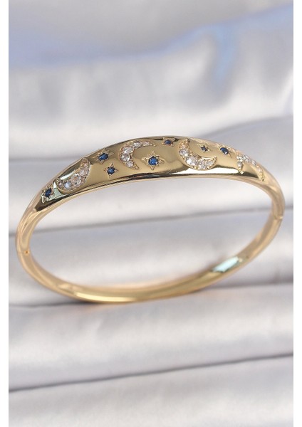 Pirinç Gold Renk Zirkon Taşlı Hilal Işleme Mavi Taşlı Yıldız Detay Kadın Kelepçe - TJ-BB6920
