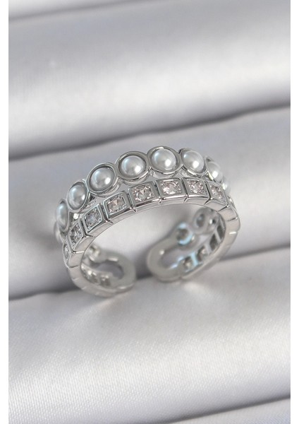 Pirinç Gümüş Renk 2'li Sıra Zirkon Taşlı ve Incili Ayarlanabilir Kadın Yüzük - TJ-BYK3720