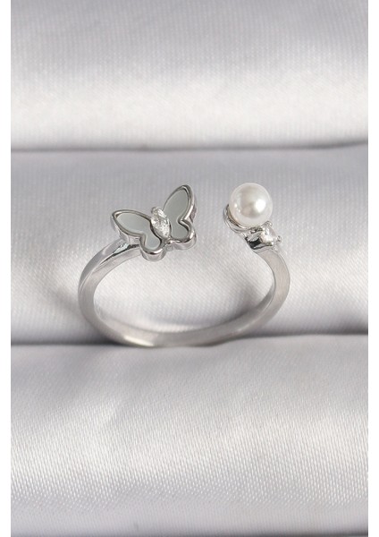 Pirinç Gümüş Renk Zirkon Taş Detaylı Beyaz Mineli Kelebek Figür Inci Detay Ayarlanabilir Yüzük - TJ-BYK3524