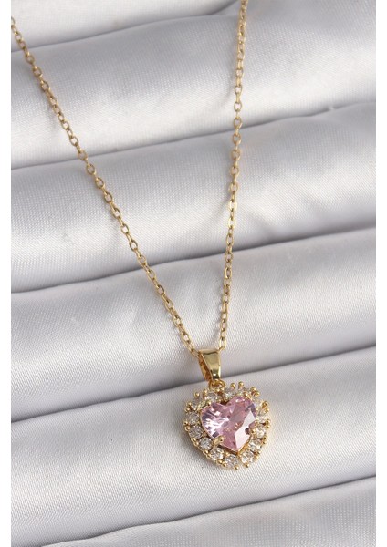 316L Çelik Gold Renk Zincir Pembe Zirkon Taşlı Kalp Model Kadın Kolye - TJ-BKO9718