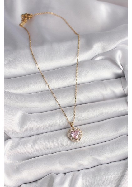 316L Çelik Gold Renk Zincir Pembe Zirkon Taşlı Kalp Model Kadın Kolye - TJ-BKO9718