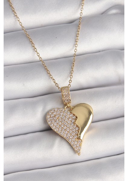 316L Çelik Gold Renk Zincir Zirkon Taşlı Kırık Kalp Model Kadın Kolye - TJ-BKO9757