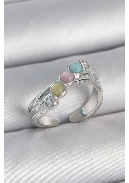 Pirinç Gümüş Renk Zirkon Taş Detaylı Renkli Mineli Ayarlanabilir Kadın Yüzük - TJ-BYK3728