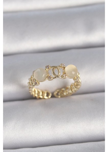 Pirinç Gold Renk Ayarlanabilir Zirkon Taşlı Beyaz Mineli Birleşik Halka Model Kadın Yüzük - TJ-BYK3402