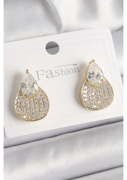 Pirinç Gold Renk Zirkon Taşlı Damla Model Kadın Küpe - TJ-BKP9870