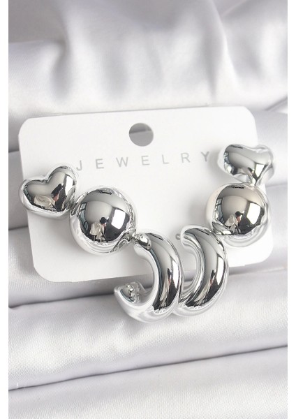 Gümüş Renk Kalp Halka Figür Ccb Plastik Kadın Küpe Seti - TJ-BKP10023