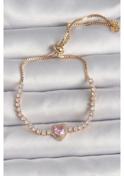 Pirinç Gold Renk Su Yolu Zirkon Taşlı Pembe Zirkon Taşlı Kalp Asansör Model Charm Kadın Bileklik - TJ-BB6650
