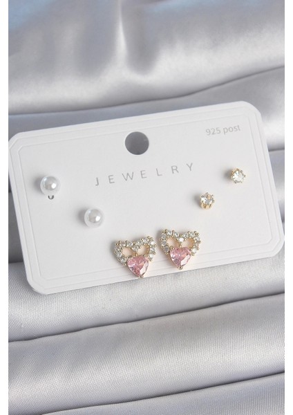 Pirinç Gold Renk Pembe Zirkon Taşlı Kalp Model Inci Detay 925 Ayar Kadın Küpe Seti - TJ-BKP10488