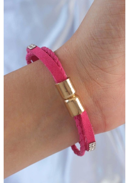 Pembe Renk Zirkon Taşlı Deri Çoklu Bileklik - TJ-BB6352