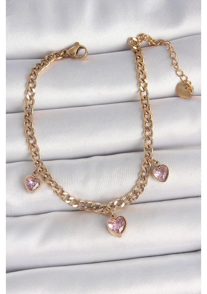316L Çelik Gold Renk Zincir Sallantı Pembe Zirkon Taşlı Kalp Model Kadın Bileklik - TJ-BB6947