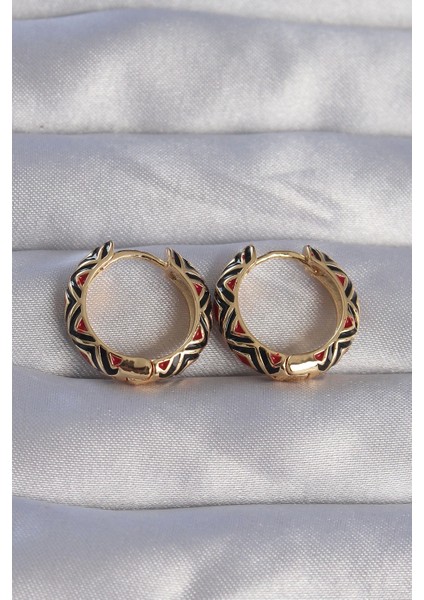 Pirinç Gold Renk Siyah Etnik Desenli Halka Küpe - TJ-BKP9073