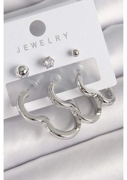 Pirinç Gümüş Renk Kalp Model Zirkon Taş Topçuk Detay Kadın Küpe Seti - TJ-BKP10307