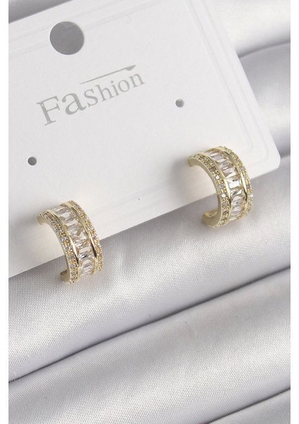 Pirinç Gold Renk Zirkon Taşlı Halka Model Kadın Küpe - TJ-BKP9987