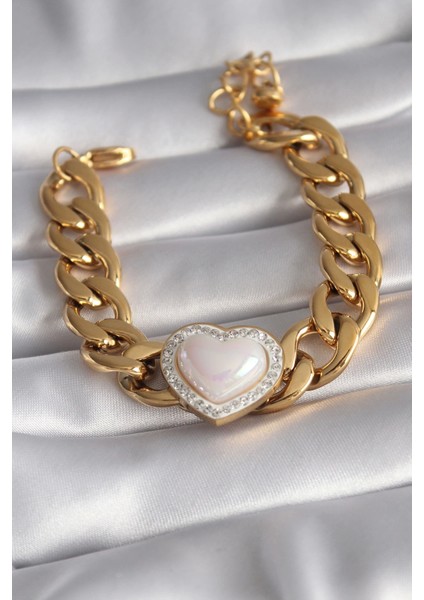 316L Çelik Gold Renk Pembe 3D Kalp Model Zirkon Taşlı Kadın Bileklik - TJ-BB5923