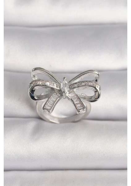 Pirinç Gümüş Renk Ayarlanabilir Zirkon Taşlı Kurdele Model Kadın Yüzük - TJ-BYK3585